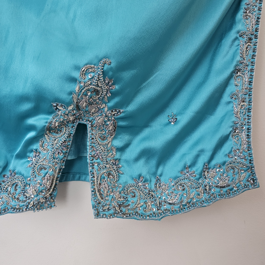 Ice Aqua Blue Silver Embroidered Vintage Lengha Skirt Indian Pakistani